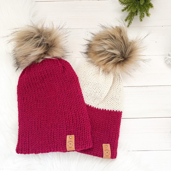 Kids Solid Red Knitted Toque, Beanie, Pompom hat, Boys Hat, Girls Hat - Picture 1 of 7